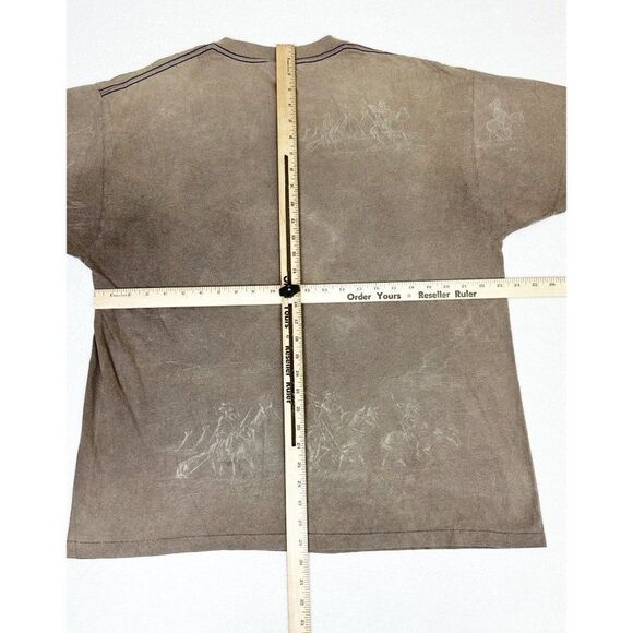 Vintage 90s Atlanta Boot Village Western T-Shirt XL Brown Native American AOP - Picture 6 of 8